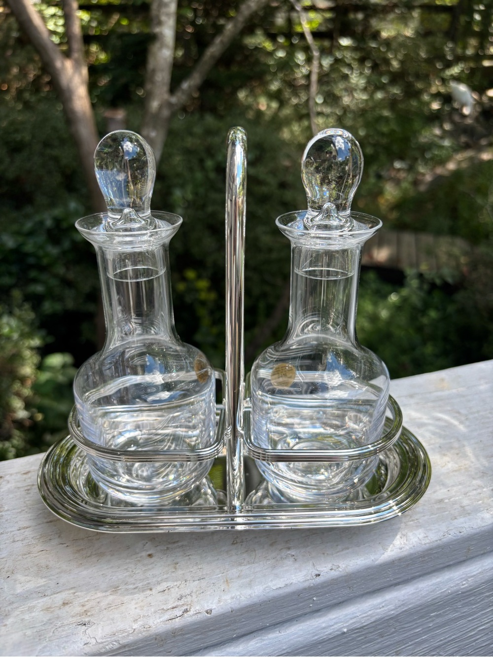 Maestri by Gorham Cruet Set with Silver Plate Tray & RCRCrystal Bottles Stoppers